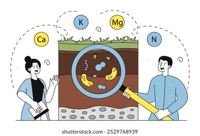 Investigação sobre a fertilidade do solo. Mulher e homem com lupa analisam o chão. Química e fertilização. Experiência agrícola e investigação. Ilustração de vetor linear isolada no plano de fundo branco