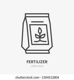 Soil fertilizer in bag flat line icon. Vector thin sign of ground, plant fertilization.