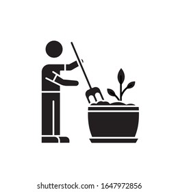 Icono de glifo negro flotante. Tierra ardiente y brillante. Cuidado de las plantas domésticas. Aeronáutica. Plantar, plantar. Jardinería interior. Símbolo de silueta en el espacio blanco. Ilustración aislada de vectores