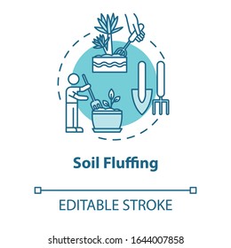 Soil fluffing concept icon. Indoor flowers concern. Houseplants caring. Potted ground loosen idea thin line illustration. Vector isolated outline RGB color drawing. Editable stroke