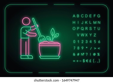 Icono de luz de neón flotante en suelo. Plegando, arando. Aeronáutica. Plantar, plantar. Efecto luminoso exterior. Signo con alfabeto, números y símbolos. Ilustración de color RGB aislada por vectores