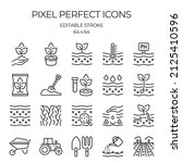 Soil and gardening related editable stroke outline icons set isolated on white background flat vector illustration. Pixel perfect. 64 x 64.
