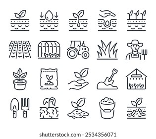 Soil ground and gardening editable stroke outline icons set isolated on white background flat vector illustration. Pixel perfect. 64 x 64