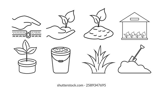 Soil ground and gardening editable stroke outline icons set isolated on white background flat vector illustration. Pixel perfect.