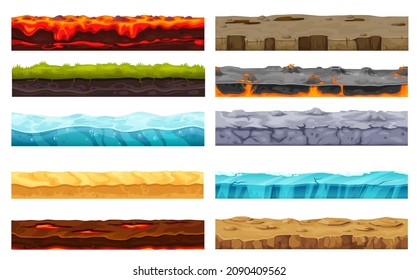 Soil ground layer, cartoon game level surface landscape. Vector grass, stone, snow and rock land, desert sand, water, lava and ice field, with roots, bubbles, cracks and holes, game ui or gui design