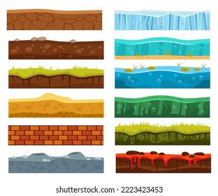 Soil ground layer, cartoon level surface landscape. Grass, stone, snow and rock land, desert sand, water, lava and ice field, brick wall, cracks and holes, game ui or gui design. Vector illustration