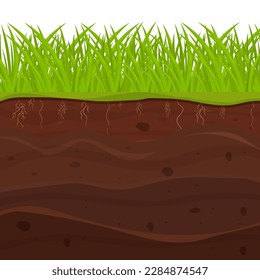 Soil, ground with layers, grass roots and stones, earth sections in cartoon style isolated on white background.