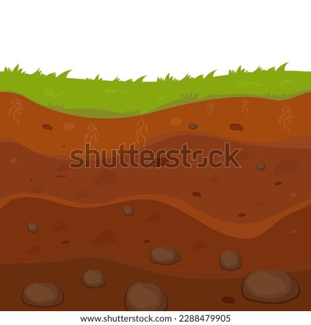 Soil, ground with layers, grass roots and stones, earth sections in cartoon style isolated on white background.