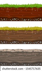 Soil Ground Layers. Seamless Ground, Earth Drying Process. Dirt Clay Surface Texture With Stones And Grass. Vector Landscape Layered Set