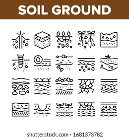 Soil Ground Research Collection Icons Set Vector. Soil Ground With Old Bone And Geyser, Drilling And Watering, Fertile And Desert Concept Linear Pictograms. Monochrome Contour Illustrations