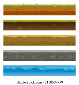 Soil, Ground, And Underground Layers, Cartoon Seamless Game Levels. Vector Cross-section View Of Natural Earth Texture With Mud, Pebbles, Green Grass, And Water