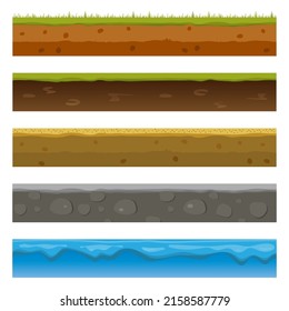 Soil, ground, and underground layers, cartoon seamless game levels. Vector cross-section view of natural earth texture with mud, pebbles, green grass, and water