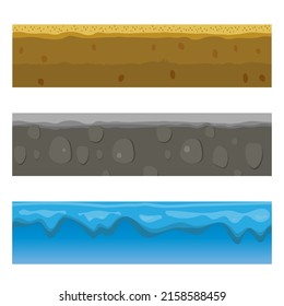 Soil, ground, and underground layers, cartoon seamless game levels. Vector cross-section view of natural earth texture with mud, pebbles