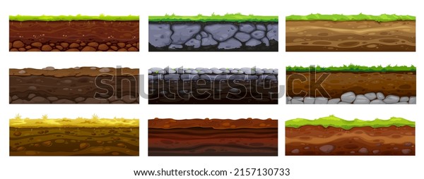 Soil, ground and underground layers, cartoon\
seamless game levels. Vector natural land textures cross section\
view with dirt, pebbles and green grass. Textured soli surface\
background, ui design