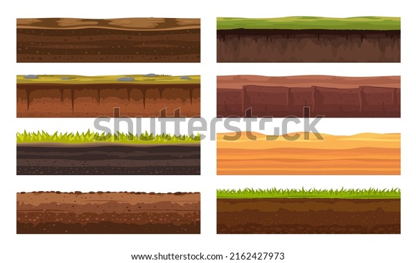 Soil ground or underground layers, grass, land\
and earth texture, vector seamless game level. Cartoon game\
landscape of soil ground and underground layers of sand hills,\
desert sand and stone\
surface