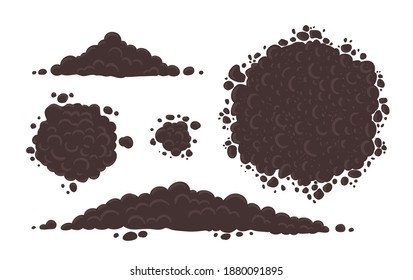 Soil for growing plants set. Pile of ground, heap of soil. For agricultural. Top and bottom view. Round long and small. Vector illustration.