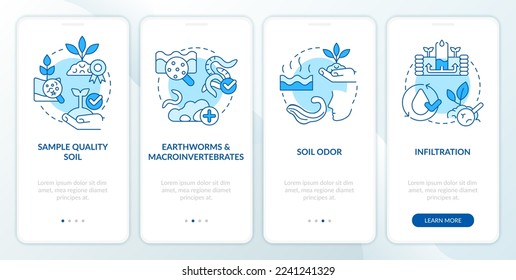 Soil health blue onboarding mobile app screen. Regenerative farming walkthrough 4 steps editable graphic instructions with linear concepts. UI, UX, GUI template. Myriad Pro-Bold, Regular fonts used