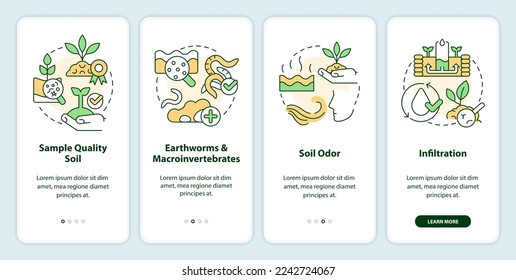 Soil health onboarding mobile app screen. Regenerative agriculture walkthrough 4 steps editable graphic instructions with linear concepts. UI, UX, GUI template. Myriad Pro-Bold, Regular fonts used