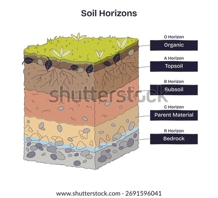 Soil horizons overview shows layers from organic O to bedrock, explaining soil formation and nutrient flow, key objects, topsoil, subsoil, bedrock. Doodle style diagram