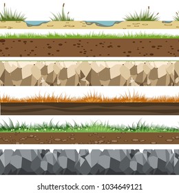 Soil horizontal patterns. Underground of land layers with rocks, limestone and grass gaming background vector illustration