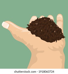 Soil in human hand for your design. Back view. Vector illustration.