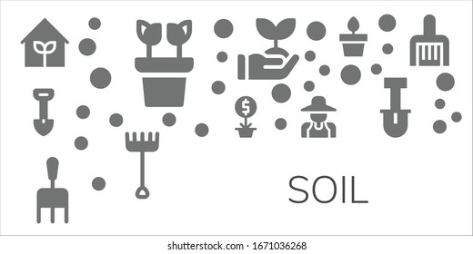 soil icon set. 11 filled soil icons.  Simple modern icons such as: Garden, Plant, Shovel, Rake, Gardener, Sprout, Plants