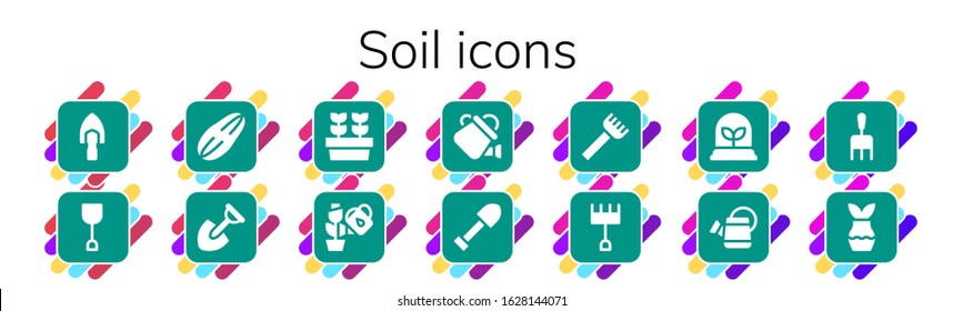 soil icon set. 14 filled soil icons.  Simple modern icons such as: Shovel, Seed, Plants, Plant, Watering can, Rake