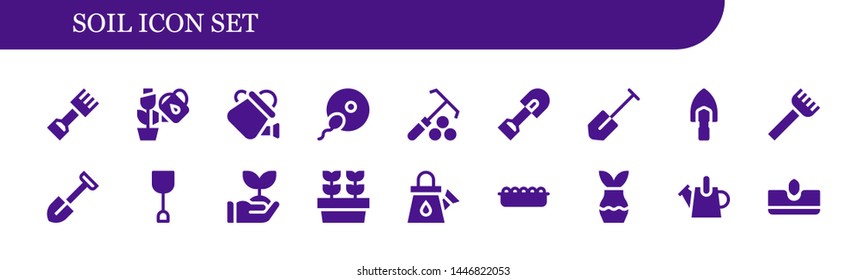soil icon set. 18 filled soil icons.  Simple modern icons about  - Rake, Plant, Watering can, Fertilization, Shovel, Sprout, Plants, Sand, Sow