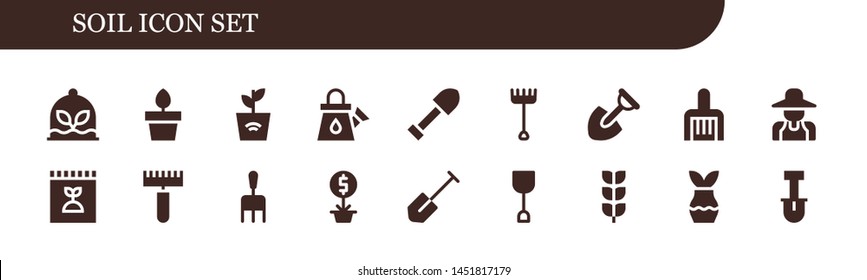 soil icon set. 18 filled soil icons.  Simple modern icons about  - Plant, Plants, Watering can, Shovel, Rake, Gardener, Fertilizer, Growing plant