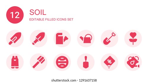soil icon set. Collection of 12 filled soil icons included Shovel, Watering can, Gardening, Terra, Seed, Garden