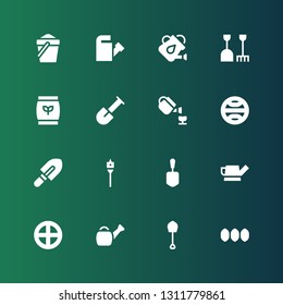soil icon set. Collection of 16 filled soil icons included Seeds, Shovel, Watering can, Terra, Auger, Gardening, Fertilizer, Sand