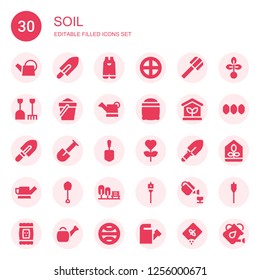 soil icon set. Collection of 30 filled soil icons included Watering can, Shovel, Gardening, Terra, Sand, Seeds, Greenhouse, Garden, Auger, Seed