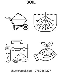 Soil icon set with soil wheelbarrow root shield test kit and hand planting black and white vector