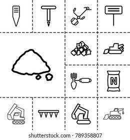 Soil icons. set of 13 editable outline soil icons such as mud, excavator, gardening tool, plowing tool, bag with ground
