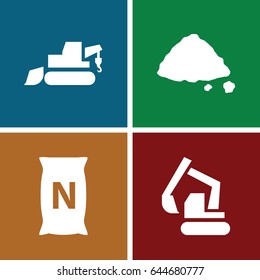 Soil icons set. set of 4 soil filled icons such as excavator, bag with ground