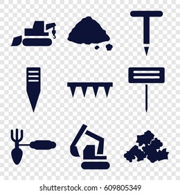 Soil icons set. set of 9 soil filled icons such as mud, excavator, gardening tool, plowing tool