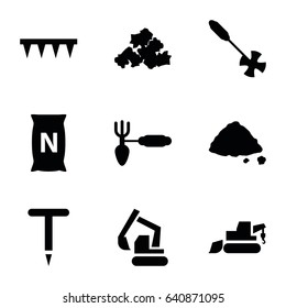 Soil icons set. set of 9 soil filled icons such as mud, excavator, gardening tool, plowing tool, bag with ground
