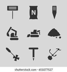 Soil icons set. set of 9 soil filled icons such as excavator, gardening tool, bag with ground
