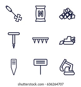 Soil icons set. set of 9 soil outline icons such as mud, excavator, gardening tool, plowing tool