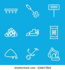 Soil icons set. set of 9 soil outline icons such as mud, excavator, gardening tool, plowing tool, bag with ground