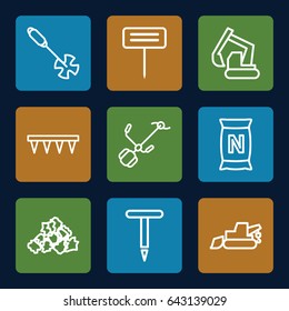 Soil icons set. set of 9 soil outline icons such as mud, excavator, gardening tool, plowing tool