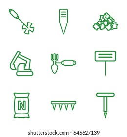 Soil icons set. set of 9 soil outline icons such as mud, excavator, gardening tool, plowing tool
