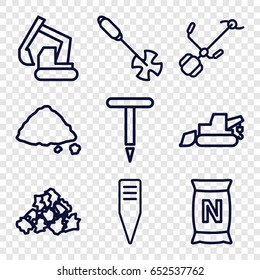 Soil icons set. set of 9 soil outline icons such as mud, excavator, gardening tool, bag with ground