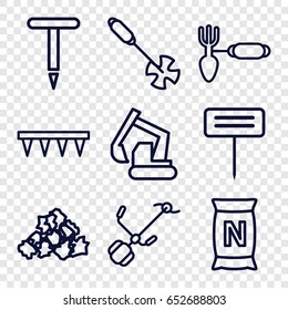 Soil icons set. set of 9 soil outline icons such as mud, excavator, gardening tool, plowing tool