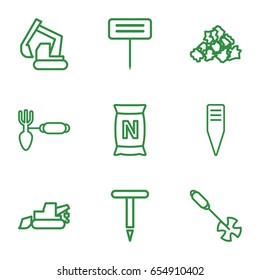 Soil icons set. set of 9 soil outline icons such as mud, excavator, gardening tool