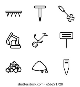 Soil icons set. set of 9 soil outline icons such as mud, excavator, gardening tool, plowing tool