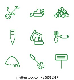 Soil icons set. set of 9 soil outline icons such as mud, excavator, gardening tool