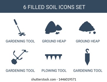 soil icons. Trendy 6 soil icons. Contain icons such as gardening tool, ground heap, plowing tool. soil icon for web and mobile.