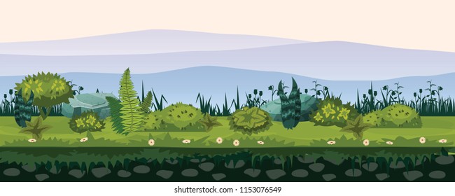 Soil and land with different types of vegetation, grass, foliage landscape, for development of ui games, applications, vector cartoon style, isolated