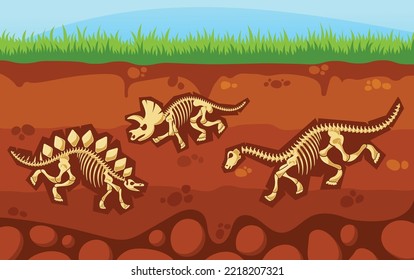 Soil Layer With Dinosaur Skeletons, Dead Animals inside of Earth Underground Surface With Prehistoric Reptile Bones Cross Section View with Mud and Green Grass Layout. Cartoon Vector Illustration